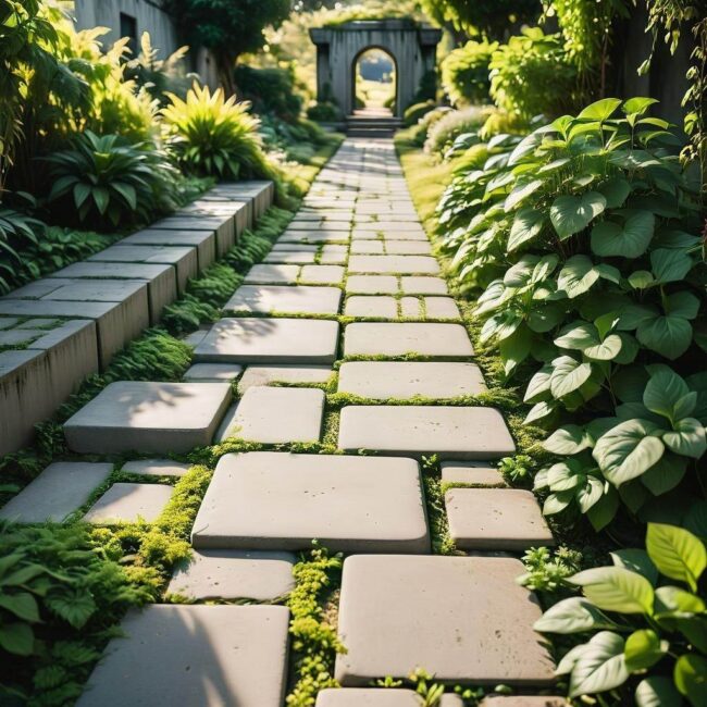 Kolorowe płty betonowe w ogrodzie