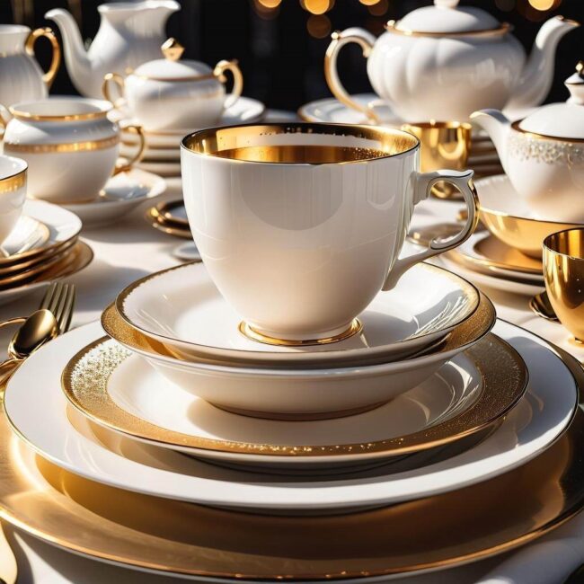 Porcelanowy serwis stołowy biało złoty