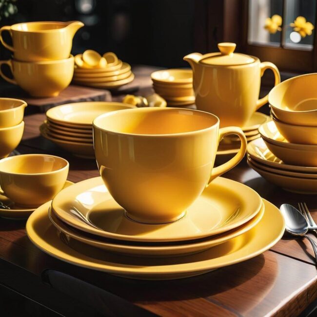 Zestaw kubków i filiżanek w kolorze żółtym