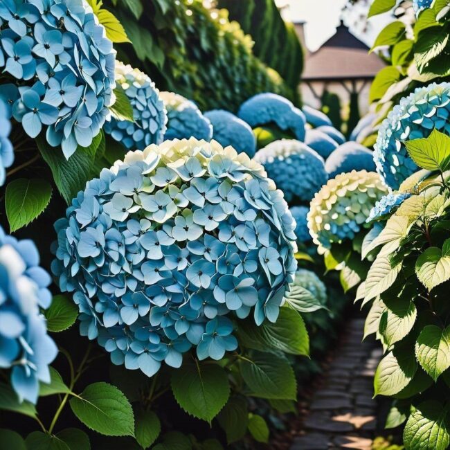 gęsty żywopłot z hortensji